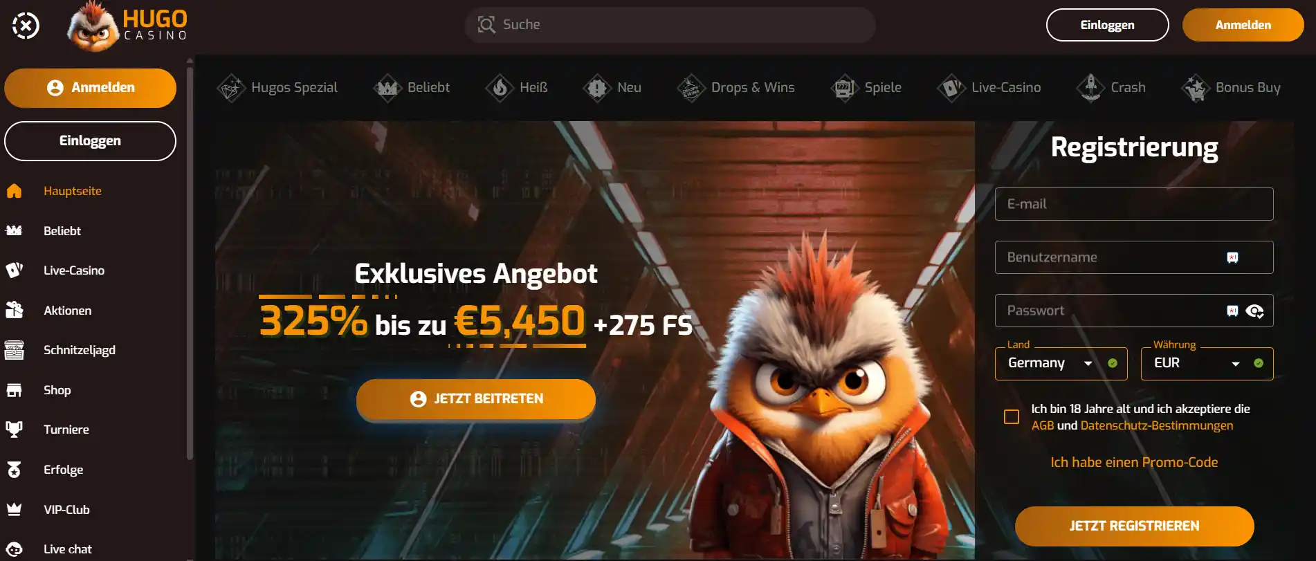 Hugo Casino Homepage mit exklusiven Willkommensangebot