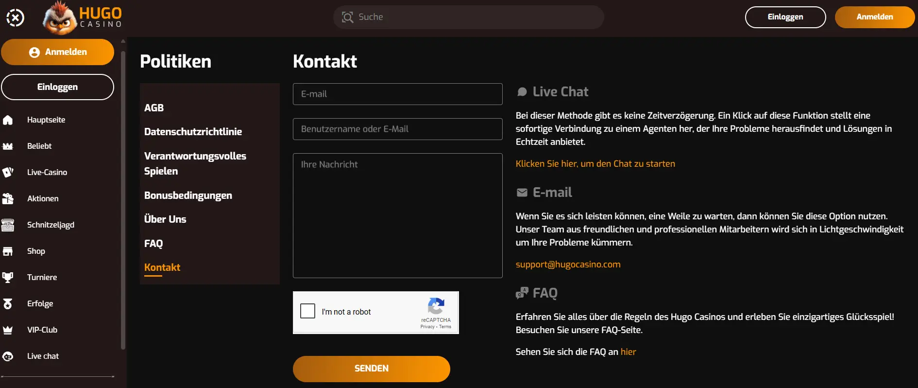 Hugo Casino Kontakt und Kunden-Support.