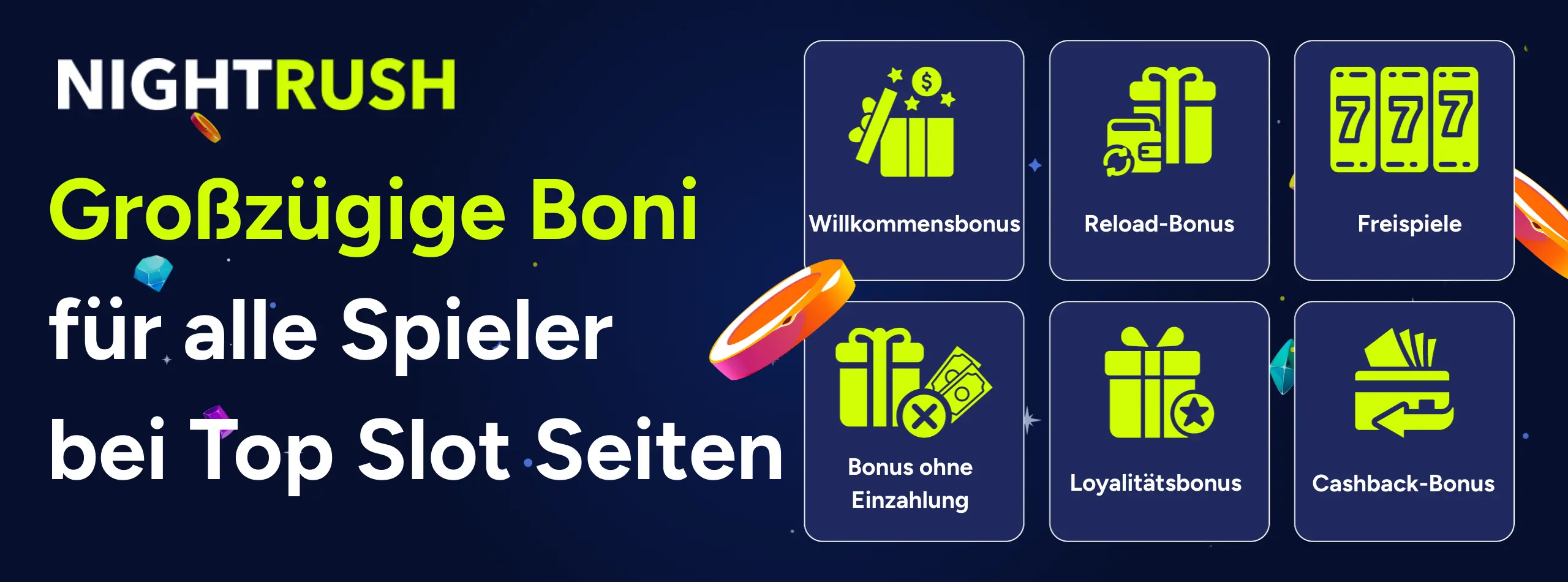 Nightrush Banner mit dem Text: Großzügige Boni für alle Spieler bei Top Slot Seiten