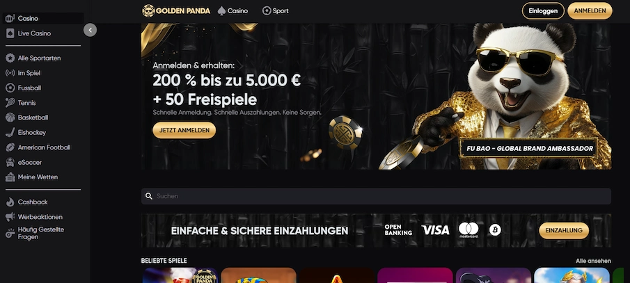 Golden Panda Casino Startseite mit Willkommensbonus