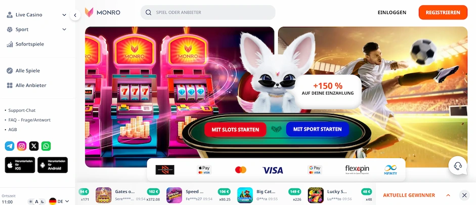 Monro Casino Startseite mit Willkommensbonus