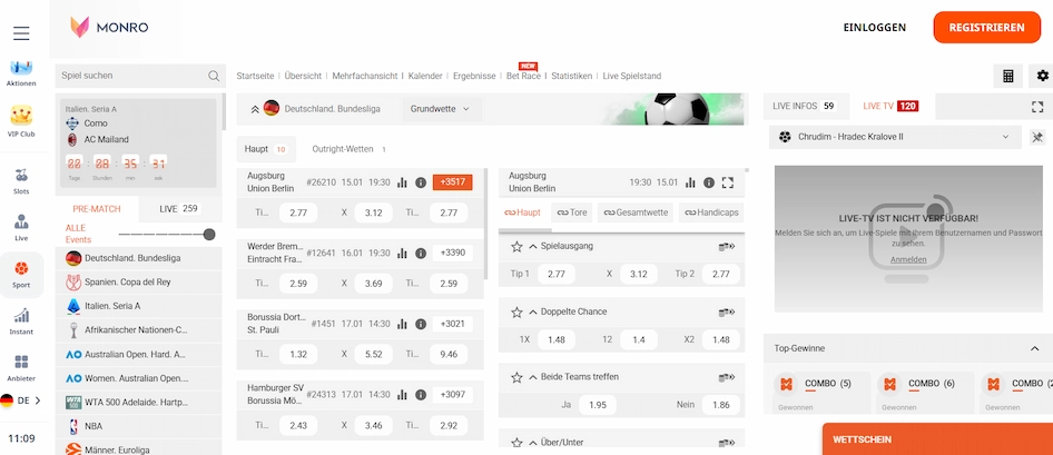 Monro Casino Sportwetten und Live Wetten