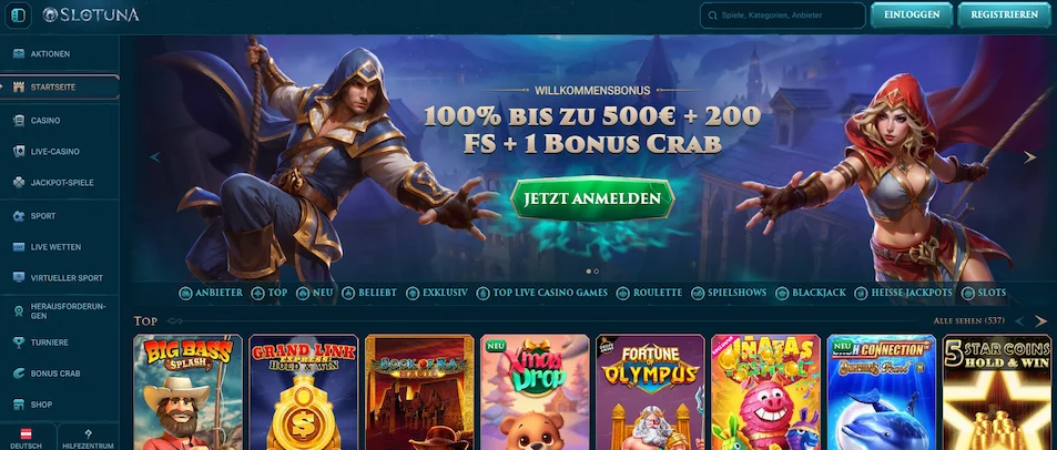 Slotuna Casino Startseite mit Willkommensbonus
