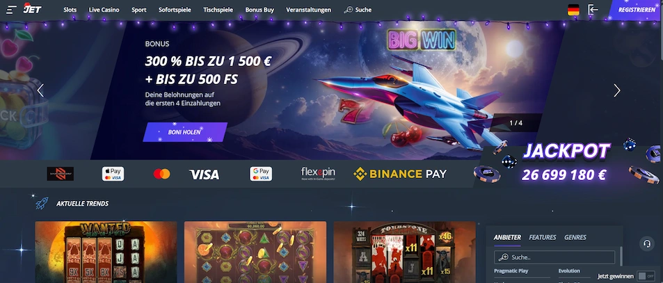Jet Casino Startseite mit Willkommensbonus 