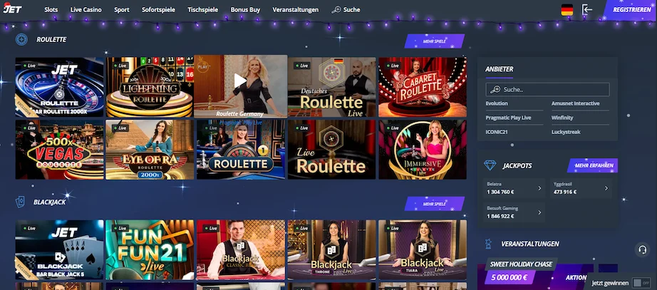 Jet Casino Live Casino mit Roulette und Blackjack