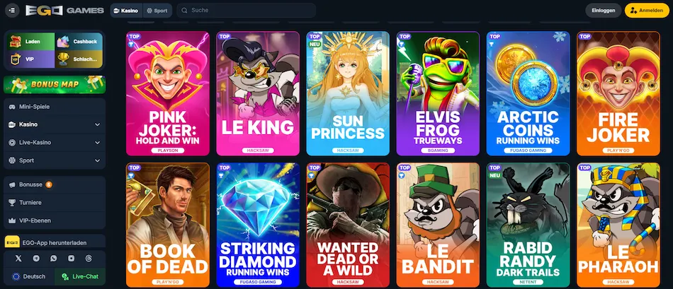 EgoGames Online Casino Auswahl an Spielautomaten