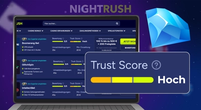 Bildschirm zeigt Nightrush Casino mit Titel Casino Erfahrungen und einer Topliste der Online-Casinos.