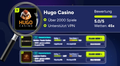 Nahaufnahme eines Bildschirms zeigt Hugo Casino mit Bewertung, über 2000 Spielen und VPN-Unterstützung.