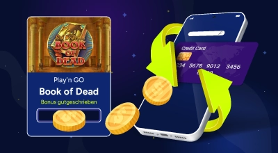 Book of Dead mit Bonus gutgeschrieben links und Smartphone mit Kreditkarte und Münzen rechts.