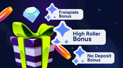 Verschiedene Casino Boni, darunter High Roller Bonus, Reload-Bonus und No Deposit Bonus.