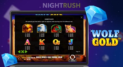 Nightrush-Logo, Laptop mit Auszahlungstabelle des „Wolf Gold“ Slots, zwei blaue Diamanten.