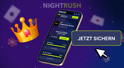 Nightrush-Logo und Smartphone mit einer Auswahl an Casino Seiten