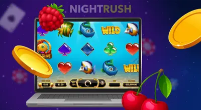 Nightrush-Logo, Laptop zeigt einen fischthemenbasierten Slot, mit schwebenden Früchten und Münzen.