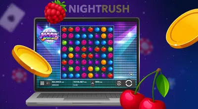 Nightrush, Laptop mit einem fruchtigen Spielautomaten, schwebenden Münzen, Himbeere und Kirschen.