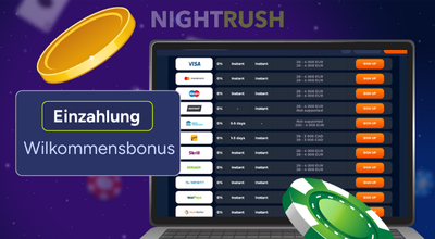 Nightrush Logo, „Zahlungsmethoden“-Pop-up mit Visa/Mastercard und schwebenden Münzen.