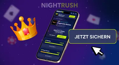 Nightrush-Logo, Smartphone zeigt die besten Online Casinos und jetzt sichern Button