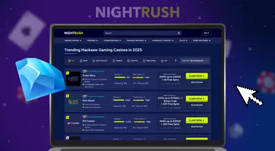 Ein Computerbildschirm, auf dem eine Liste der beliebtesten Hacksaw Gaming Casinos auf einer Bewertungswebsite angezeigt wird.