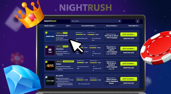 Laptop zeigt Nightrush Casino mit Liste der Top Online Casinos für Deutschland.