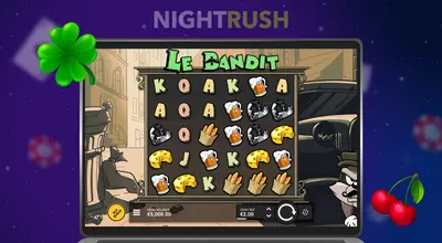 Ein Laptop-Bildschirm, auf dem das Slot-Spiel „Le Bandit“ mit einem vierblättrigen Kleeblatt und Kirschsymbolen angezeigt wird.