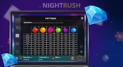 Nightrush, Laptop mit einer Auszahlungstabelle eines Casinospiels mit Fruchtsymbolen und blauen Diamanten.