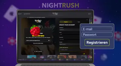 Nightrush Logo, Casino Login-/Registrierungsformular, Smartphone mit Willkommenspaket und „Jetzt sichern“-Button