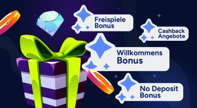 Verschiedene Casino Boni, darunter Willkommensbonus, Reload-Bonus, No Deposit Bonus und Freispiele.