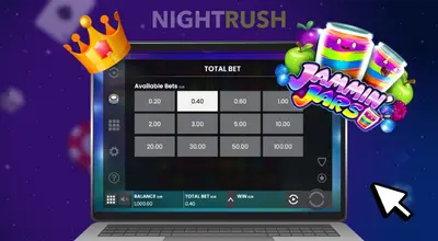 Nightrush, Laptop mit „GESAMTEINSATZ“-Optionen, „Jammin' Jars“-Logo, Krone und Cursor.