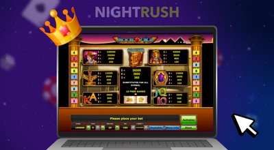 Nightrush Logo, Laptop zeigt „Book of Ra“ Slot Auszahlungstabelle, Krone und Cursor.