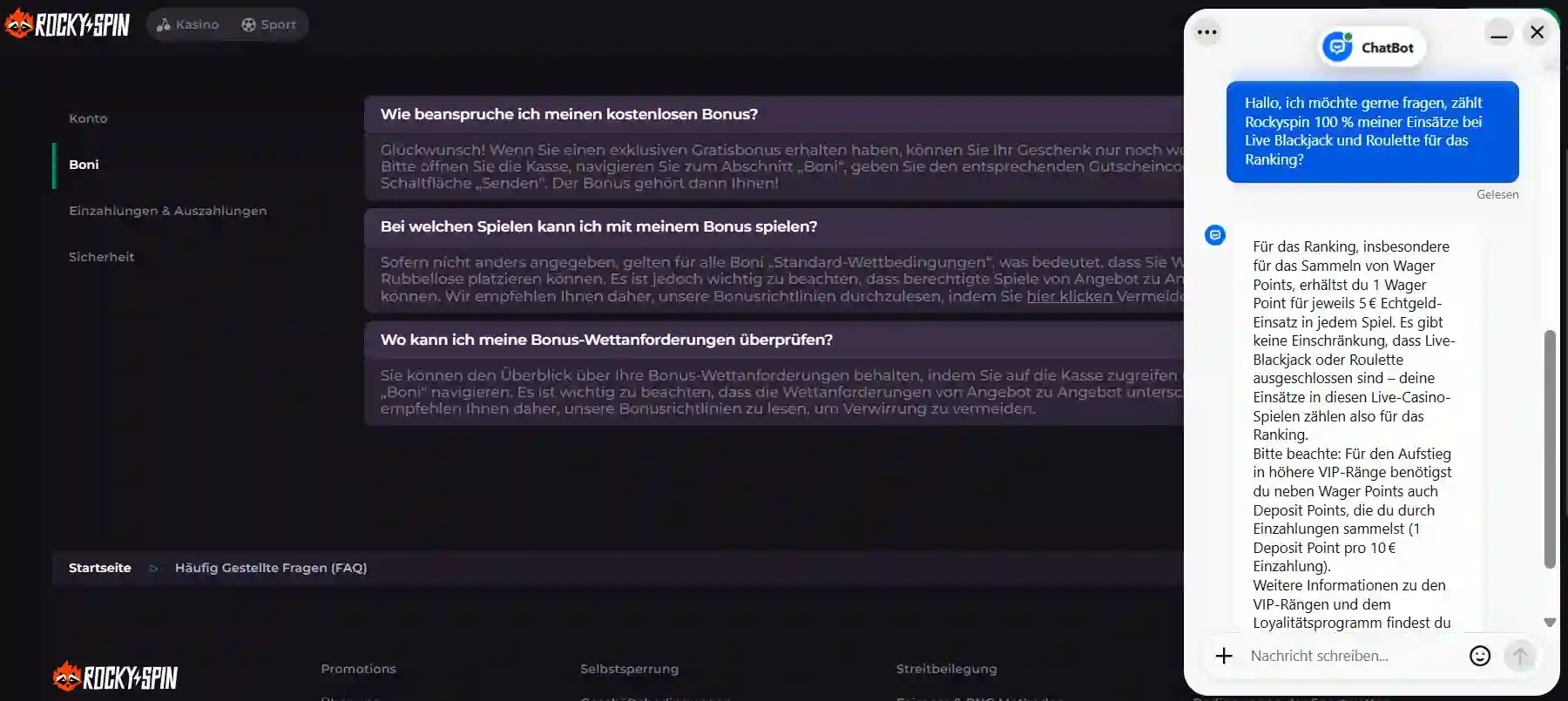 Eine Nightrush-Teammitglied chattet mit dem Rocky Spin Support über das Treueprogramm