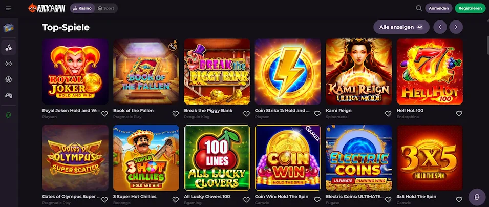 Rockyspin Casino Auswahl an Spielautomaten.