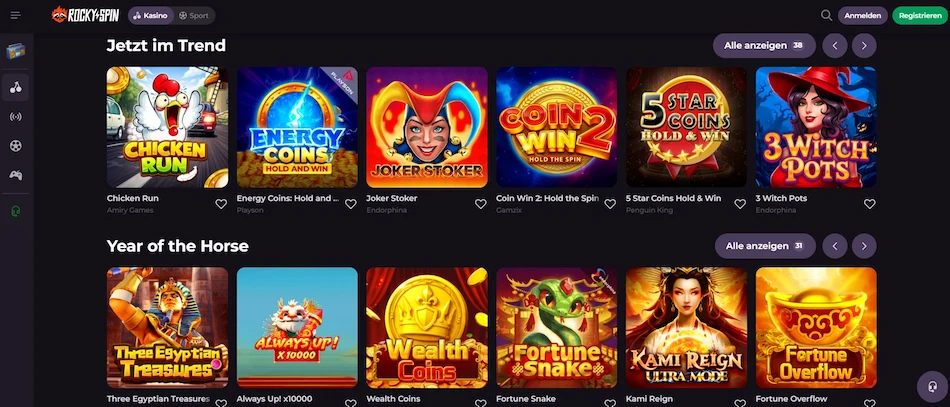 Rockyspin Casino Auswahl an Slots die im Trend sind.