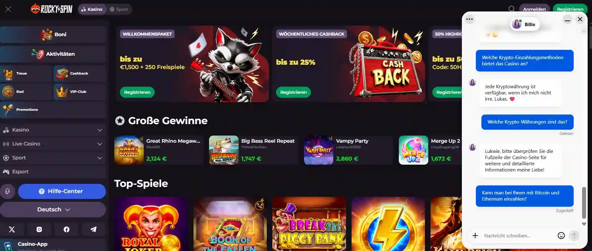 Chat mit dem Kundenservice bei Rockyspin Casino.