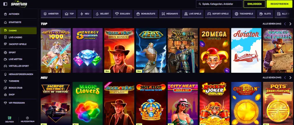 Sportuna Webseite mit Willkommenspaket, Freispielen und Spielautomaten