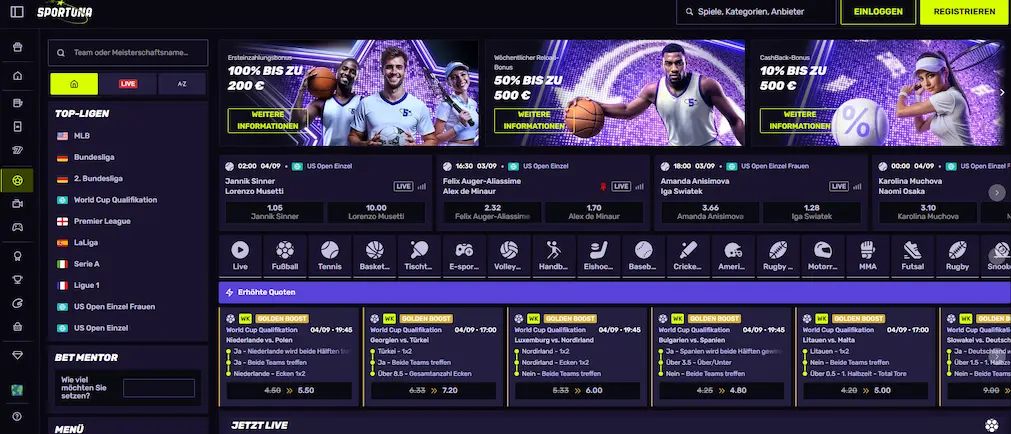 Sportwetten auf der Sportuna Webseite mit beliebten Wetten