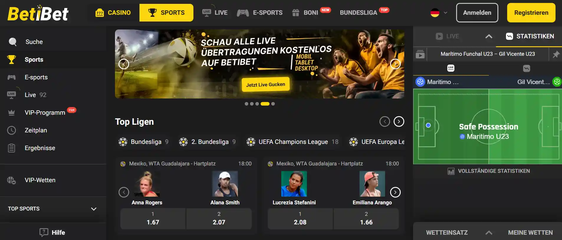 Sportwetten bei BetiBet mit verschiedenen Wett-Optionen.