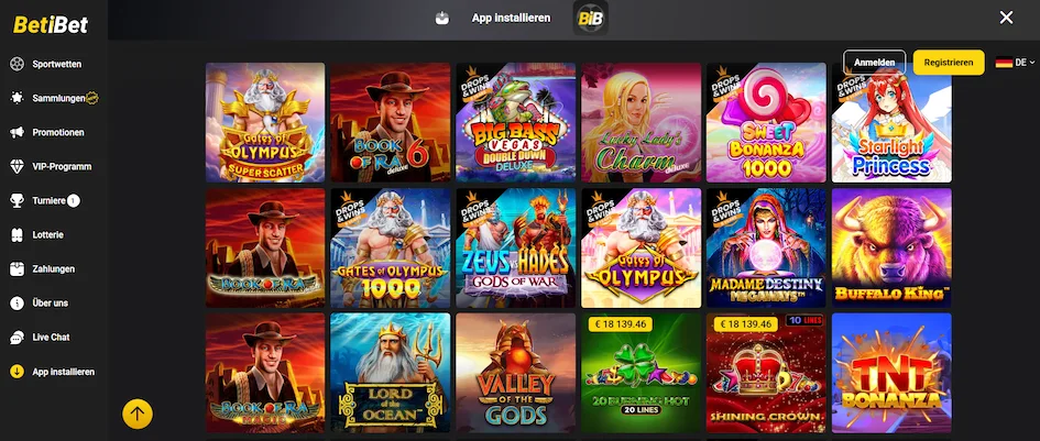 Homepage von BetiBet mit den besten Slots und Bonusangeboten.