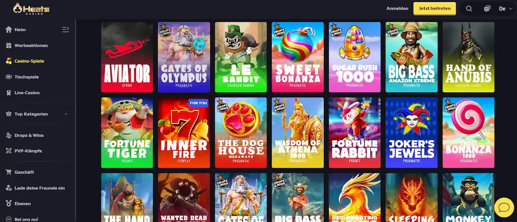 Heats Casino Homepage mit verschiedenen Spielautomaten 