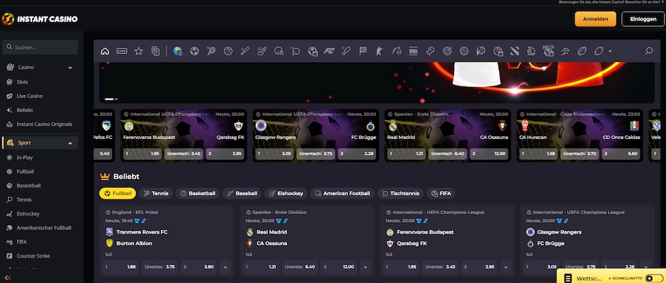 Instant Casino Sportwetten-Seite.