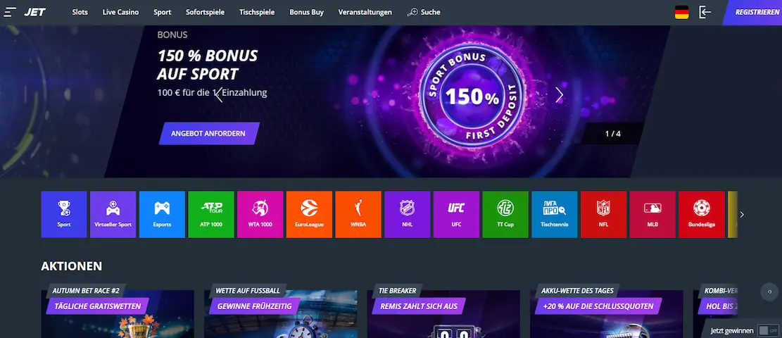 Jet Casino Sportwetten und Live-Wetten 