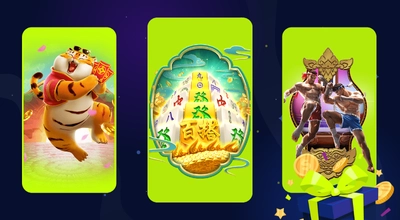 Drei farbenfrohe Grafik-Panels mit PG Soft Spielautomaten-Themen, darunter ein Tiger und Muay Thai Kämpfer.