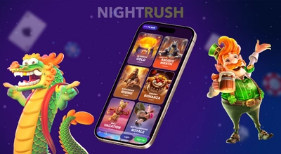 Smartphone zeigt eine Übersicht von PG Soft Casinospielen neben einem Drachen und einem Kobold.