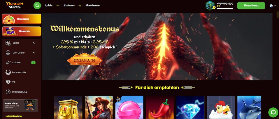 Dragonslots Homepage mit Willkommensbonus und Slots.