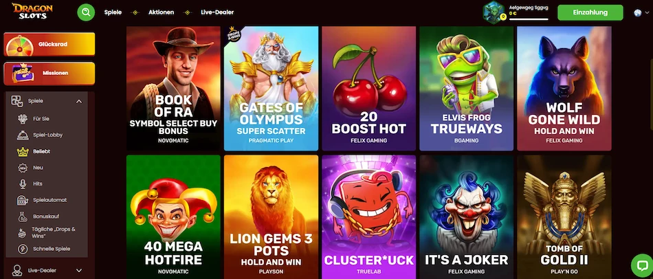 Dragon Slots Homepage mit den besten Spielautomaten und Casino Spielen.