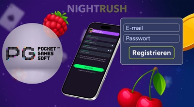 Smartphone mit einer Casino-Registrierungsseite neben dem PG Pocket Games Soft Logo.