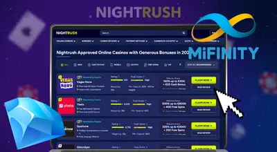 Ein Laptop-Bildschirm, auf dem eine Liste der empfohlenen Mifinity-Online-Casinos für 2025 auf der NightRush-Website angezeigt wird.