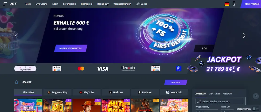 Jet Casino Homepage mit Bonus, Spielen und Einzahlungsmethoden