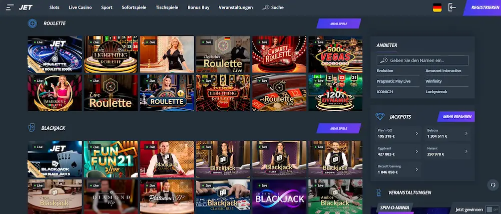 Jet Casino Spiele Roulette und Blackjack