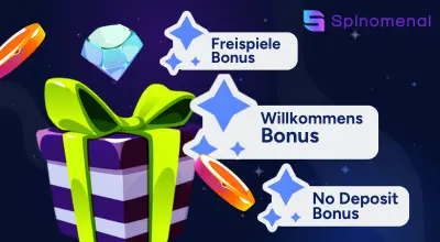 Verschiedene Casino Boni, darunter Willkommensbonus, Reload-Bonus, No Deposit Bonus und Freispiele.