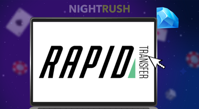 Ein Laptop zeigt ein Rapid-Transfer-Logo. Ein blauer Edelstein und ein weißer Cursor zeigen auf den Bildschirm vor einem dunkelblauen, sternförmigen Hintergrund.