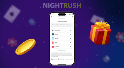 A smartphone displays Rapid Transfer payment and bank options, a gift box and a gold chip next to it, against a dark blue, starry background.